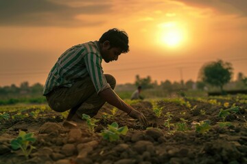 Young Indian Farmer Digging In the field in front of sprinklers  at sunset