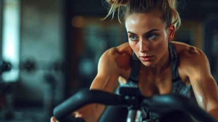Fototapeta premium Young woman using exercise bike at the gym. Fitness female using air bike for cardio workout at crossfit gym