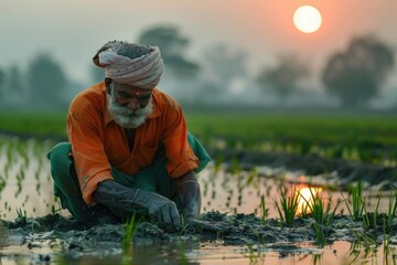 Indian farmer planting in rice paddy