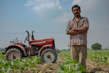 indian farmer standing near tractor at agriculture field.