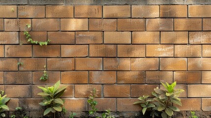 Brown brick wall with plants. Rustic brown brick wall texture with green plants, perfect background for design projects.