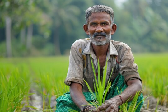 Karbi Anglong Assam India  10 Aguste 2021 An Indian farmer in rice paddy field with farming tool