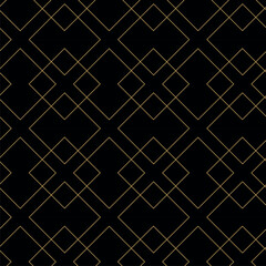 Abstract geometric pattern with squares, stripes, lines. Seamless vector background. Black and gold ornament. Modern graphic design.
