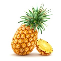 Fresh ripe pineapple with green leaves and a cut slice, isolated on a white background. Perfect for healthy eating and tropical fruit concepts.