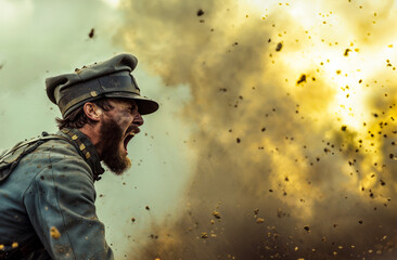 Heroic soldier charging through explosions