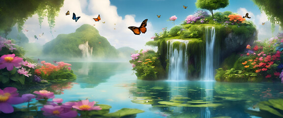 Floating Island with Vibrant Flowers, Trees & Butterflies - Generative AI