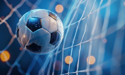 A soccer ball bends the net as it flies into the goal against a blue background, enhanced by cyber technology and bokeh light effects.