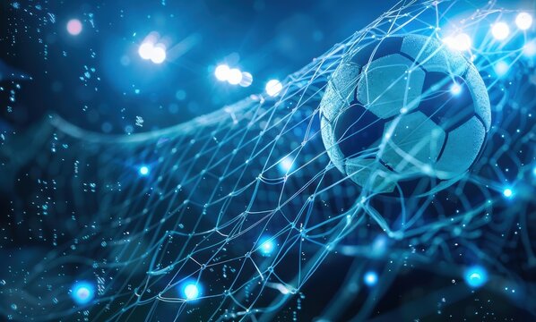 A soccer ball bends the net as it flies into the goal against a blue background, enhanced by cyber technology and bokeh light effects. - Powered by Adobe