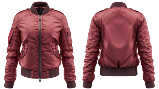 mock-up front and back view of a maroon jacket isolated on a white background