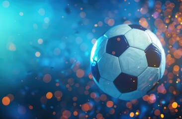 Fototapeta premium A soccer ball bends the net as it flies into the goal against a blue background, enhanced by cyber technology and bokeh light effects.