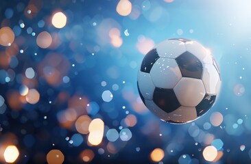 Naklejka premium A soccer ball bends the net as it flies into the goal against a blue background, enhanced by cyber technology and bokeh light effects.