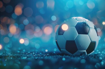 Fototapeta premium A soccer ball bends the net as it flies into the goal against a blue background, enhanced by cyber technology and bokeh light effects.
