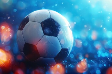 Naklejka premium A soccer ball bends the net as it flies into the goal against a blue background, enhanced by cyber technology and bokeh light effects.