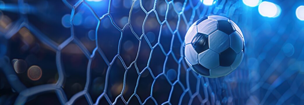 A soccer ball bends the net as it flies into the goal against a blue background, enhanced by cyber technology and bokeh light effects.