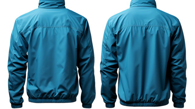 photo mockup of a blue windbreaker jacket on a mannequin, front, perspective, and back view, isolated on a white background