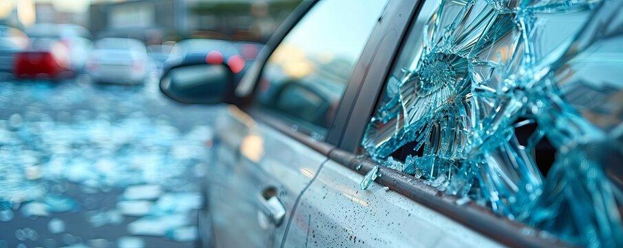 Individual with a car breakin incident, showing a shattered window in a parking lot Car breakin Highlighting the consequences of theft and vandalism