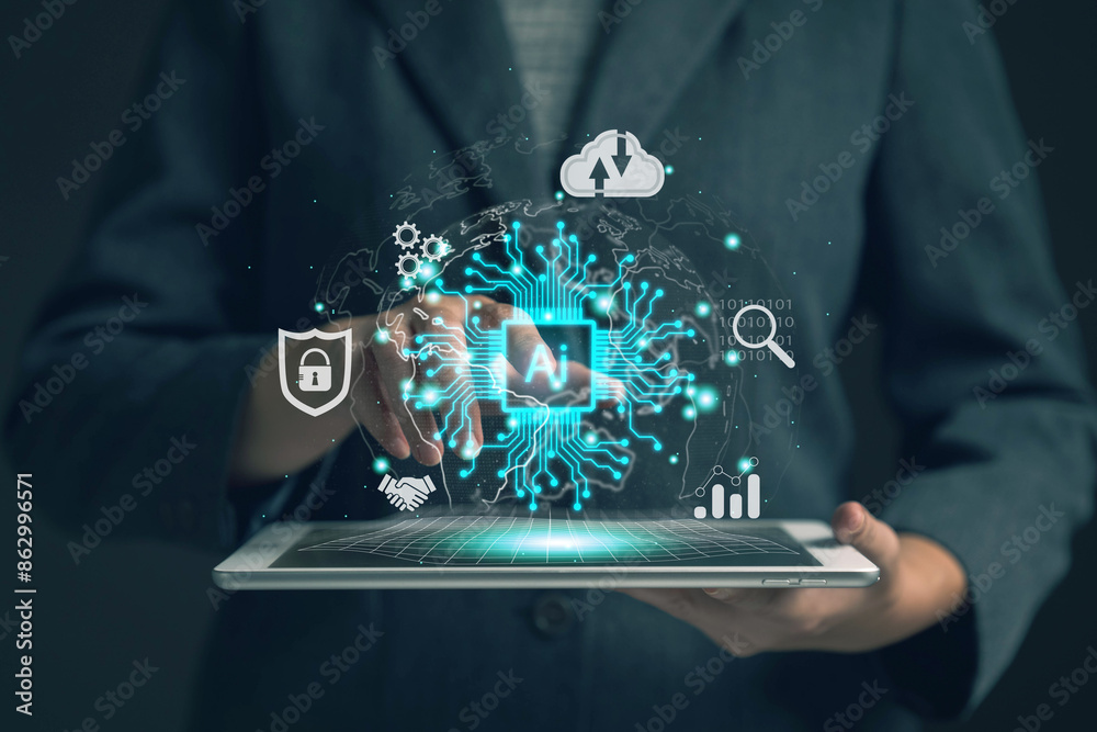 Aufkleber chat with ai. artificial intelligence. the concept of accessing imagination by feeding commands to a