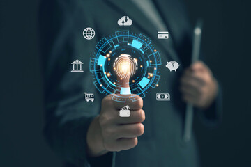 Businessman scans fingerprint to access banking app. Concept of setting up cyber security protection system. Protection of financial transaction data.