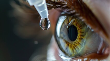 Dry eye syndrome. Woman puts moisturizing drop into her eye close-up. Healthy vision. Ophthalmologist prescribed eyedrop medicine. Medical care. Patient use allergy dropper closeup. Eyecare.