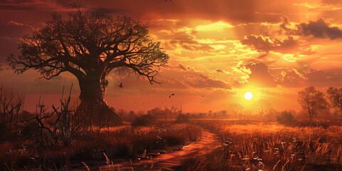 Obraz premium The African sun sets over the horizon in a blaze of