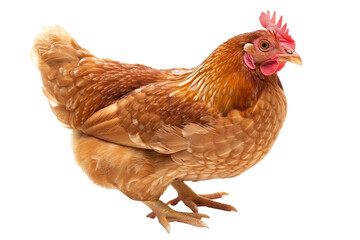 Fototapeta premium Brown hen isolated on white background. Full body profile of a brown hen standing, isolated on a white background.