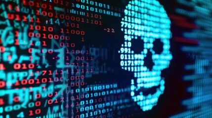 Obraz premium A digital screen with binary code background with danger skeleton head sign