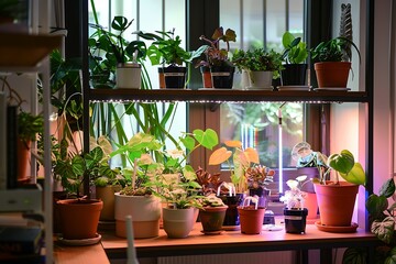Beautiful potted houseplants on shelf in room, closeup