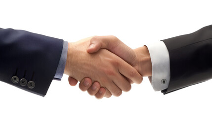 Business handshake on white background. Two businessmen shaking hands in a gesture of agreement or partnership.
