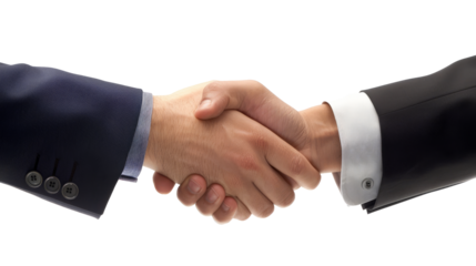 Business handshake on white background. Two businessmen shaking hands in a gesture of agreement or partnership.