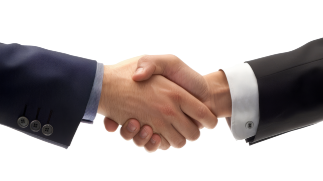Business handshake on white background. Two businessmen shaking hands in a gesture of agreement or partnership.
