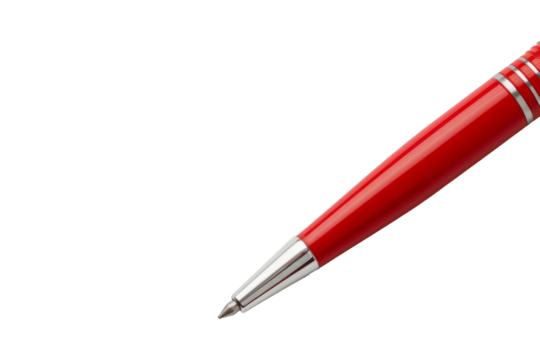 Red pen isolated on white background. Stock photo of a single red pen, tip pointed, on a clean white background. Perfect for office or writing related themes.