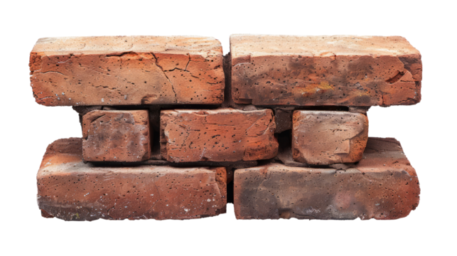 Old red brick wall section. Isolated fragment of an old red brick wall, ideal for construction, architecture, or historical design projects.