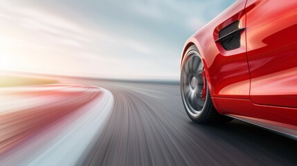 Obraz premium Luxury car driving at high speed on a racetrack, ultra high-definition close-up capturing the aerodynamic curves and details, wide-angle lens, background streaks