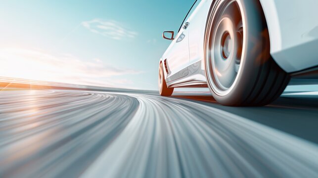 Luxury car driving at high speed on a racetrack, ultra high-definition close-up capturing the aerodynamic curves and details, wide-angle lens, background streaks