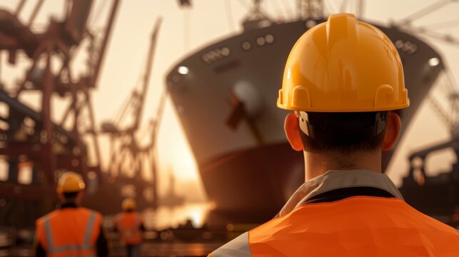 Maintenance workers at a busy shipyard, upper body view from behind, focused on repairing a large ship, industrial environment with cranes and ships, maritime maintenance