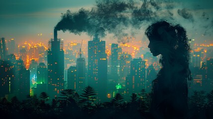 Fototapeta premium A silhouette of a woman stands against a backdrop of a city skyline with a large factory emitting plumes of smoke in the distance.