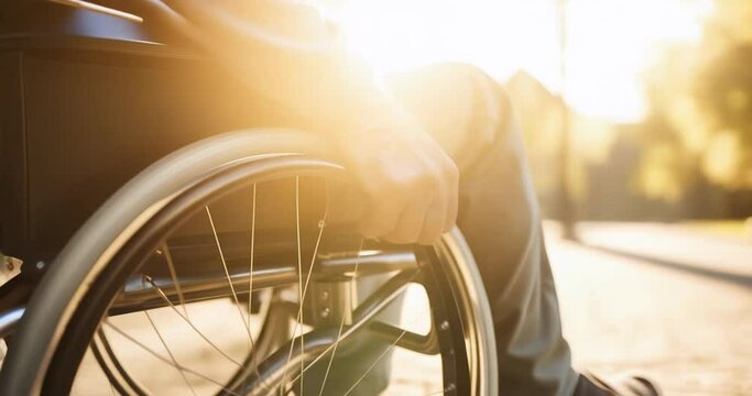 closeup of disabled person sitting in wheelchair at park. disability insurance
