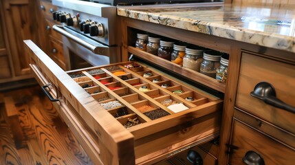 A kitchen with a custom spice drawer