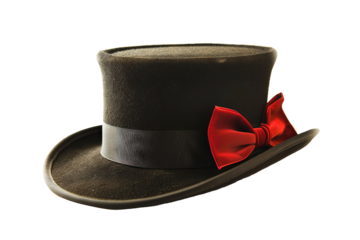 Elegant top hat with red bow. Classic brown top hat adorned with a vibrant red bow, perfect for adding a touch of sophistication and style to any design.