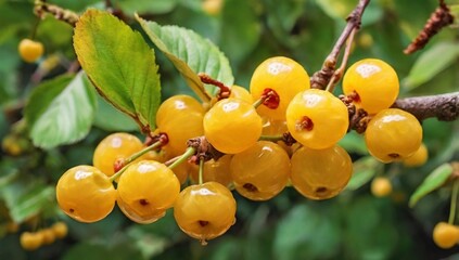 Sweet yellow cherries on tree branch. Cherries ripen on a tree branch. Yellow berries in the garden.