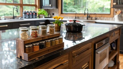 A kitchen with a custom spice rack