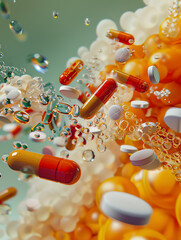 Colorful pills and capsules floating against a vibrant background, representing medication and pharmaceutical concepts.