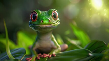 Naklejka premium Cute Green Gecko on Leaf with Bokeh Background. Generative ai