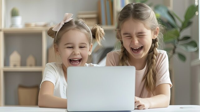Giggles and Grins: Sisters Share a Laugh Over a Laptop