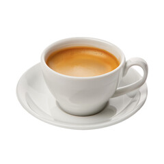 Fresh cup of coffee on white background. Aromatic coffee served in a classic white cup and saucer, perfect for cafe and beverage visuals.