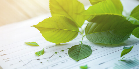 Green leaves on a business report with positive financial charts, sustainable finance, ecofriendly investment