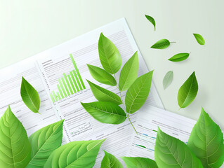 Concept of green finance with leaves on financial papers, ecoinvesting, sustainability