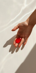 Design a visually striking composition showcasing a hand delicately cradling a striking red droplet of sweat on a pristine white surface