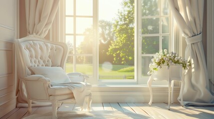 Elegant Sunlit Reading Nook with Flowers. Generative ai
