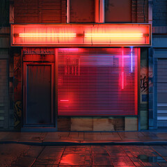 Urban night scene of a closed storefront with neon red and pink lights reflecting on the wet pavement.